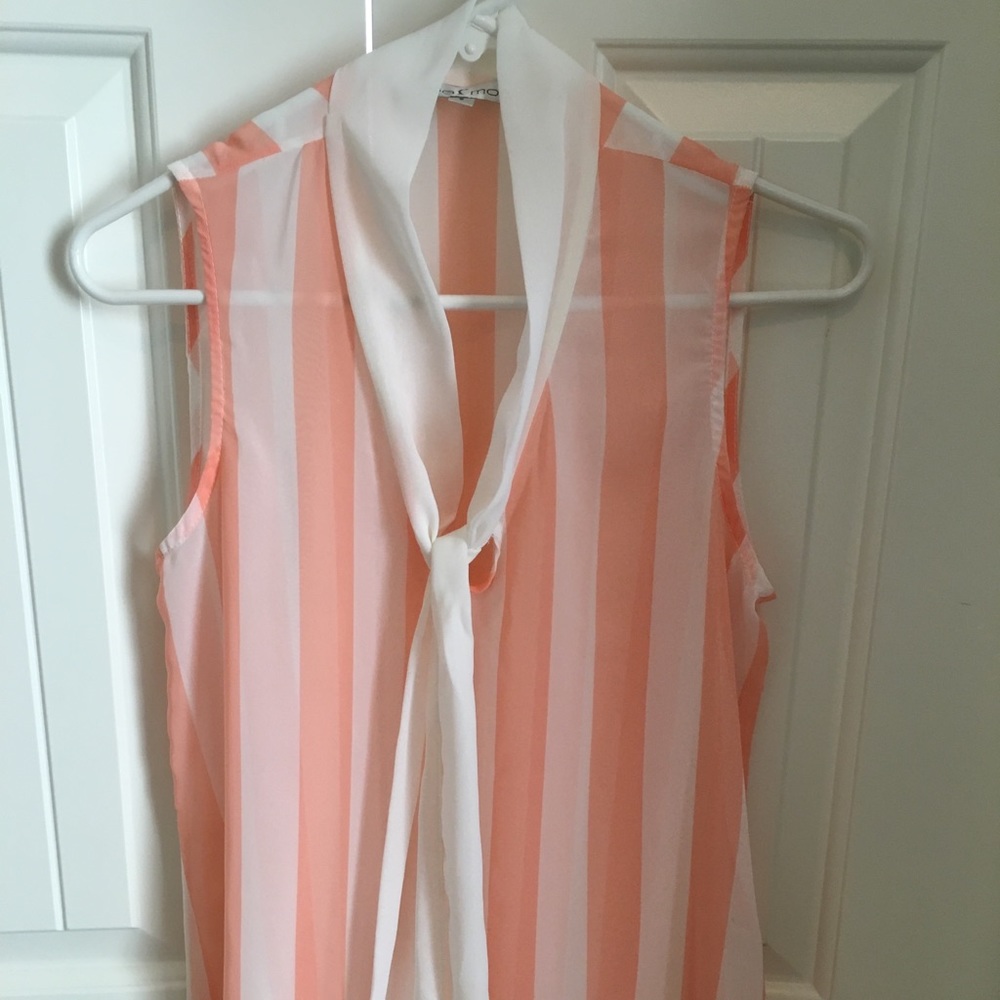 Coral/cream striped, sleeveless, sheer top
